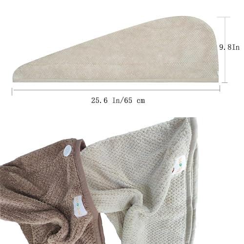 M-bestl 2 Pack Hair Drying Towels,Hair Wrap Towels,Absorbent Microfiber Hair Towel Turban with Button Design to Dry Hair More Quicker（Khaki&Coffee） thumbnail 6