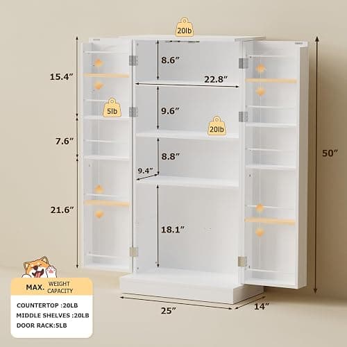 FIMELLO 50'' Dog Food Storage Cabinet with Adjustable Shelf, Pet Storage Cabinet,White thumbnail 2