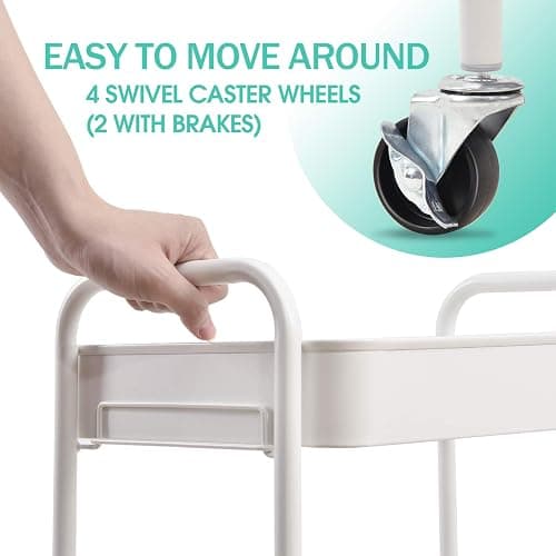 TOOLF 3-Tier Rolling Cart - Metal Utility Storage Organizer with Lockable Wheels, 33 lbs Per Shelf, Tool-Free 5-Min Assembly, for Kitchen Bathroom Office Nursery Craft Room, White thumbnail 4