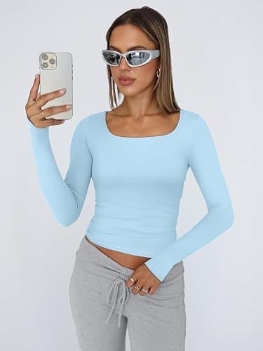 Trendy Queen Womens Long Sleeve Shirts Crop Tops Fall Fashion 2025 Square Neck Going Out Basics Tees Y2k Clothes thumbnail 2