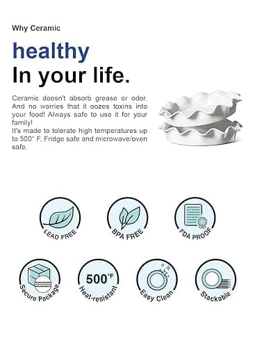 LE TAUCI Ceramic Pie Pans for Baking, 11 Inches Deep Dish Pie Plate for Apple Pie, Pot Pie, 48 Ounce Baking Dish with Ruffled Edge, Set of 2, White thumbnail 9