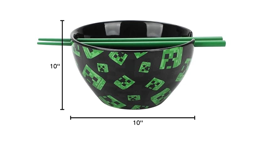 Bioworld Minecraft Creeper Faces 20 Oz Black Ceramic Ramen Bowl With Plastic Chopsticks thumbnail 2