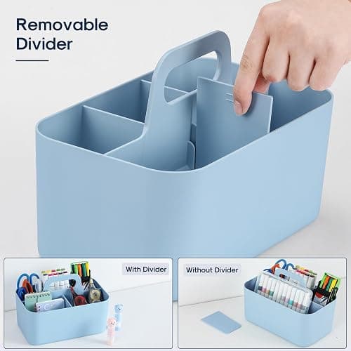 Multiuse Caddy Organizer with Handle, Portable Divided Plastic Tote Bin - Art Craft, Stationary Pen Marker Crayons, Makeup Hair Supplies Storage - Bathroom, Classroom, Dorm, Office, Desk Holder - Blue thumbnail 6