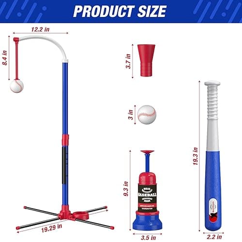 HYES 3-in-1 Baseball Set for Kids 3-5 - Tee Ball Stand, Hanging Tee, Ball Launcher and 6 Softballs - Adjustable Height, Indoor/Outdoor Sport Gifts for Boys, Blue - 3in1-blue thumbnail 2