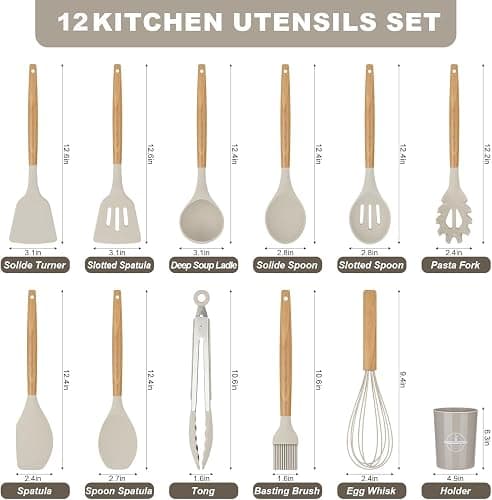 FIOUSY Kitchen Utensil Set, 12 PCS Silicone Cooking Utensils Set with Wooden Handle, Heat Resistant, Nonstick Cookware Tongs Spatula Spoon Set, Dishwasher Safe, Best Kitchen Tools (Khaki) thumbnail 4
