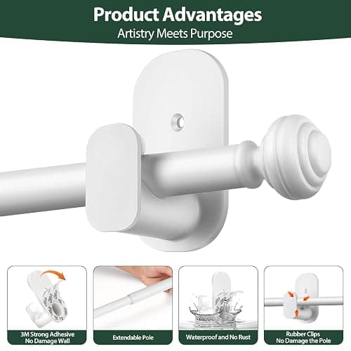 KAMANINA Curtain Rods No Drilling for Windows 16 to 30 Inches, 5/8 Inch Small Curtain Rod 2 Pack for Door Screwless with Adhesive Brackets, White thumbnail 9