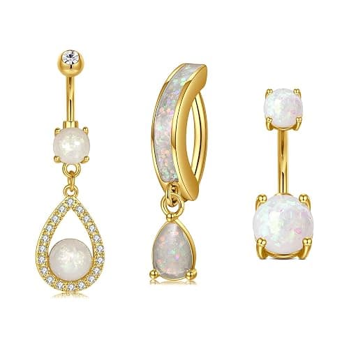 JFORYOU Belly Button Ring Clicker Floating Heart Opal Belly Button Piercing Surgical Steel 14G Dangle Belly Rings for Women - Image 1