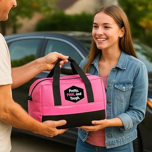 Pretty Pink Roadside Emergency Kit for Women & Teen Girls - Heavy-Duty Jumper Cables, First Aid Kit, Safety Tools, Flashlight, Ice Scraper - Complete Car Safety Bag with 5-Year Warranty thumbnail 2