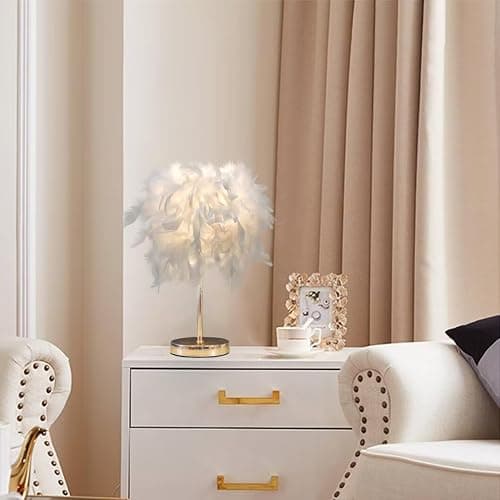 GUANSHAN Weiße Feder-Tischlampe, Nachttischlampe mit goldenem Sockel, Feder-Tischleuchte, Schreibtisch-Lampenschirm für Schlafzimmer, Heimdekoration, Fotografie-Requisiten thumbnail 5
