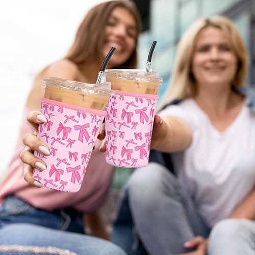 Reusable 3-Pack Iced Coffee Cup Sleeve, Insulated Neoprene, Beverage Holder for Iced Coffee, Durable Drink Sleeve for Cold Beverages, Pink Bows thumbnail 4