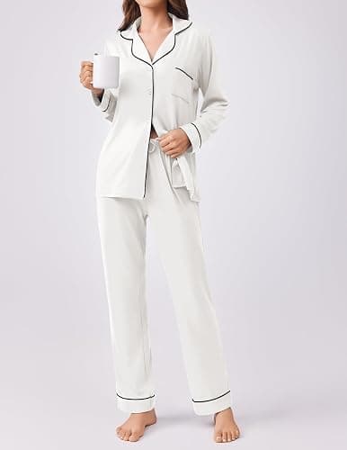 Ekouaer Womens Pajamas Set 2 Piece Button Down Pjs Soft Long Sleeve Top and Pants Sleepwear Set Lounge Sets thumbnail 2