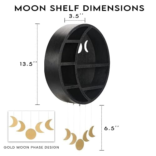 Ella & Emma Wooden Moon Shelf for Crystals - Crescent Moon Crystal Shelf, Storage & Wall Hanging Shelves for Bedroom Aesthetic, Moon Phase Wall Decor & Crystal Display Shelf, Pinewood, Black thumbnail 3