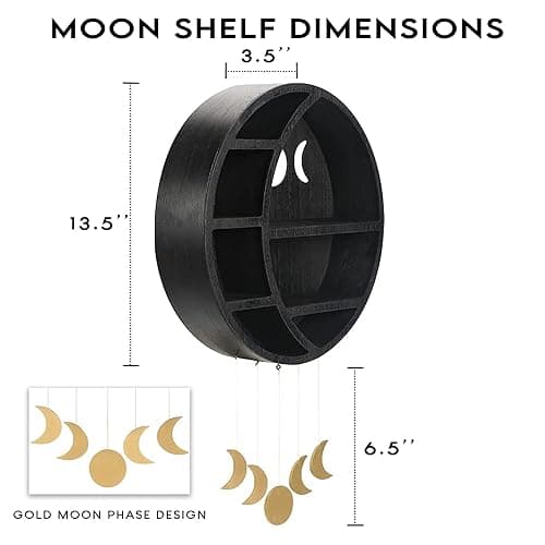 Ella & Emma Wooden Moon Shelf - Crescent Moon Crystal Shelf, Crystal Storage & Wall Hanging Shelves for Bedroom Aesthetic, Moon Phase Wall Decor & Crystal Display Shelf, Pinewood, Black - Full Black thumbnail 3