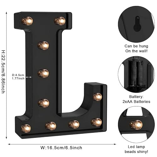Foaky Black LED Letter Lights for Room Decor - Bedroom Wall Decor, Alphabet Lights for Home, Wedding, Party - Battery Operated （L） thumbnail 3