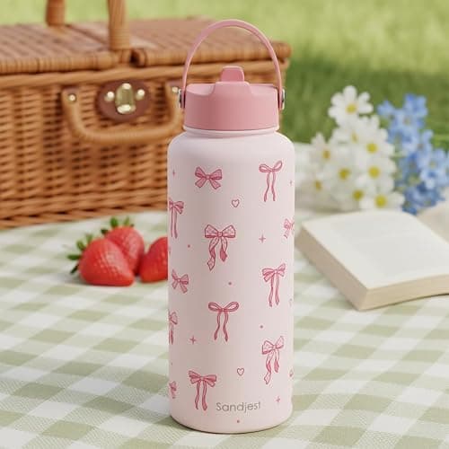 SANDJEST Coquette Bow Gift for Women, Water Bottle Stainless Steel 32oz with Lid & Straw, Pink Bows Aesthetic Insulated Bottles Gifts for Girls Friends Teens Birthday Christmas thumbnail 2