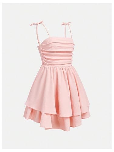 SHENHE Girl's Smocked Ruched A Line Swing Dress Layered Tie Shoulder Flowy Cami Short Dress thumbnail 5