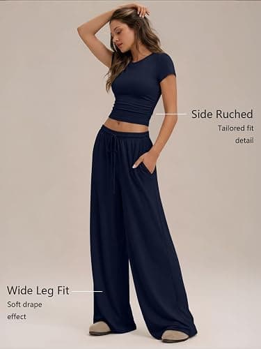 Trendy Queen Women's 2 Piece Matching Summer Lounge Set with Pockets | Vacation Airport Travel Outfits, Workout Gym Clothing Comfy Athleisure Clothes, Side-ruched Top, Drawstring Wide Leg Pants thumbnail 3