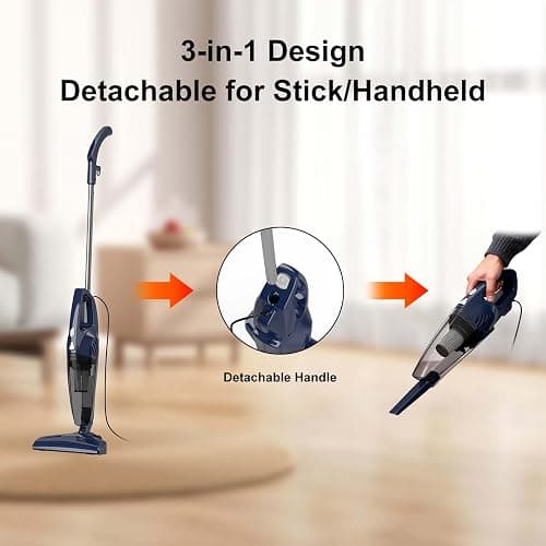 Sancorp Corded Stick Vacuum Cleaner, 3-in-1 Detachable to Handheld with 180°Left-Right Steering, 14KPA Powerful Suction for Pet Hair on Hard Floors, HEPA Filter, Lightweight with 16.4ft Long Cord thumbnail 2