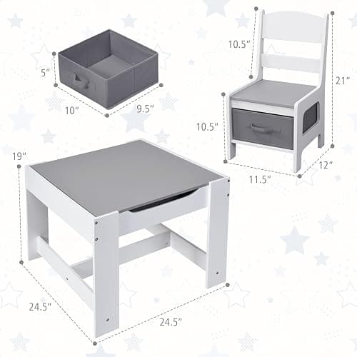 Costzon Kids Table and Chair Set, 3 in 1 Wooden Activity Table with Storage Drawer, Detachable Tabletop for Children Drawing Reading Art Craft, Playroom, Nursery, Toddler Table and Chair Set, Gray thumbnail 3