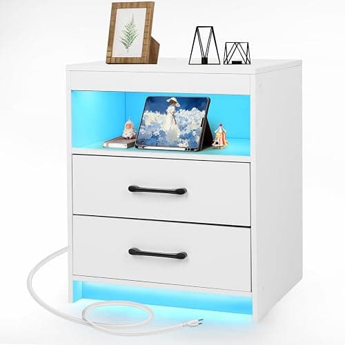 ansefe Night Stand with Charging Station and Ambient Light, LED Nightstand with USB-C Ports and Outlets, Morden Bedside Table with 2 Drawers and Open Compartment, End Table for Bedroom, White - Image 1