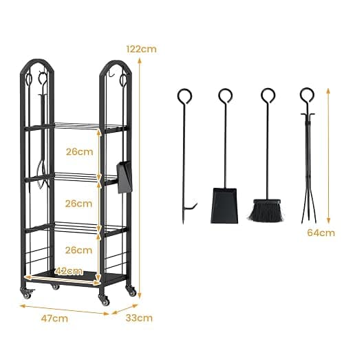 GYMAX Range-Bûches à Roulettes à 4 Niveaux pour Intérieur Extérieur, Porte-bûches avec 4 Outils, Support à Bois de Chauffage en Métal, Organisateur de Bois de Cheminée, Chaque Étagège Charge 60kg thumbnail 3