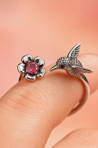 Hummingbird Ring For Women, Silver Vintage Bird Boho Western Adjustable Flower Wrap Ring Cute Animal Jewelry Black Stone Statement Jewelry Gift thumbnail 6