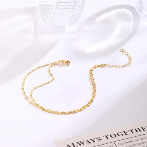 MIDEEO Gold/Silver Ankle Bracelets for Women,14K Gold Anklets for Women Waterproof Cuban Link Heart Beads Herringbone Rhinestone Anklets Set Layered Anklet Bracelets for Women Gold Jewelry Gift thumbnail 5