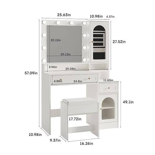 Maupvit Vanity Desk with Mirror and Light，Vanity Desk with 2 Large Drawers, 2 Large Storage，Charging Station and 10 Lights 3 Lighting Modes Adjustable Brightness Dresser, White thumbnail 2