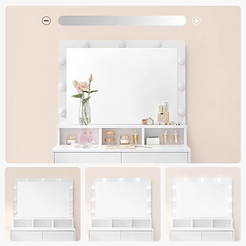 VASAGLE Vanity Desk with Mirror and Lights, Makeup Desk with Large Mirror, Adjustable Brightness, Vanity Table, 2 Drawers, 3 Compartments, Modern, Cloud White URDT185T14 thumbnail 5