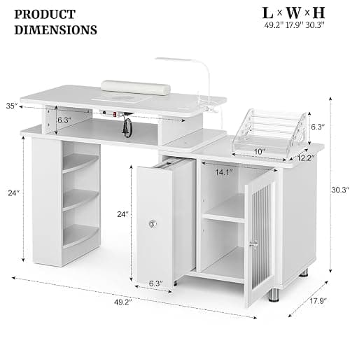 Paddie Manicure Table Nail Desk with LED Lamp & Light, Glass Cabinet Door Nail Table Station w/Dust Collector, Charging Station, Removable Acrylic Container, Cabinet and Drawer(White-New) thumbnail 3