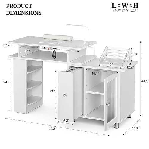 Paddie Manicure Table Nail Desk with LED Lamp & Light, Glass Cabinet Door Nail Table Station w/Dust Collector, Charging Station, Removable Acrylic Container, Cabinet and Drawer(White-New) thumbnail 4