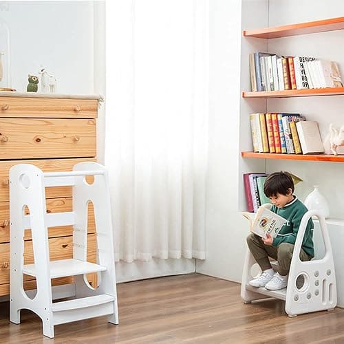 KATARUS Kitchen Step Stool for Kids and Toddlers with Safety Rail Children Standing Tower for Kitchen Counter, 3 Heights Adjustable Solid Wood Step Up Learning Stool Mother's Helper, Solid Wood, White thumbnail 8