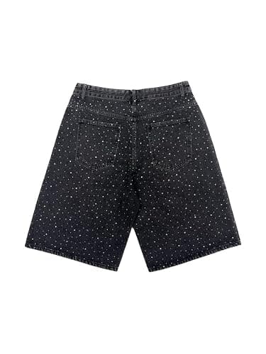 Jilwod Men's Baggy Jean Shorts Black Rhinestone Embroidered Jorts Loose Fit Denim Shorts Crystal Studs Casual Streetwear thumbnail 4