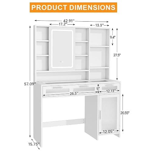 Hadulcet White Vanity Desk with Mirror and Lights, 43" Makeup Vanity Desk with Glass Top, Power Outlets, 2 Drawers, 10 Shelves & Acrylic Cabinet, LED Vanity Table for Girls Women Gift thumbnail 2