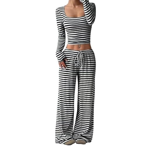 Womens 2 Piece Outfits Striped Sets Square Neck Cropped Tops and Wide Leg Pants Beach Vacation Clothes Loungewear thumbnail 2