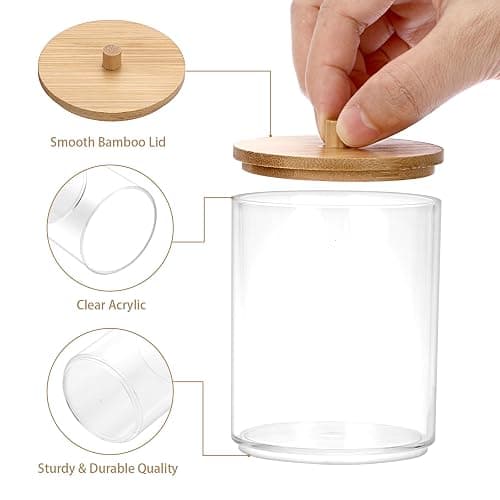 SUMTree 2 Pcs 10 Ounce Plastic Cotton Swab Holder with Bamboo Lids | Acrylic Cotton Bud Qtip Holder Dispenser Bathroom Jar Canister for Bathroom Accessories for Bathroom, Vanity, Dressing Table thumbnail 9