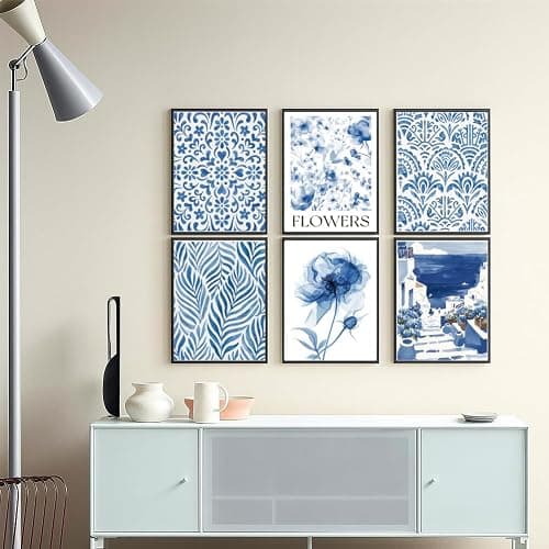 GOMAKERER 6 Pcs Blue Coastal Wall Art Prints, Blue White Wall Art Aesthetic Posters Light Blue Pictures Wall Decor for Bedroom Gallery Home Decoration, (20.5x25.5cm Unframed) - Blue Ceramic Pattern thumbnail 4
