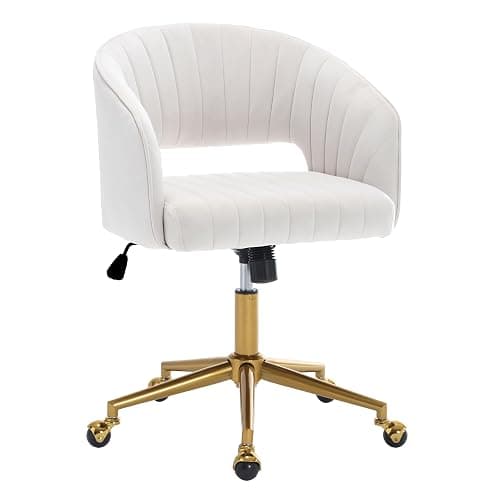 HENGJIANYI Home Office Swivel Desk Chair, Modern Velvet Vanity Chair, Height Adjustable Armchair with Gold Base, Ergonomic Office Chair for Task Study Computer Room, Beige - Image 1