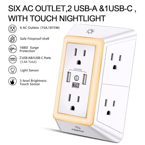 POWRUI Multi Plug 6 Outlet Surge Protector Extender with 3 USB Ports (1 USB C) and Night Light, 3-Sided Power Strip with Adapter Spaced Outlets, ETL Listed, White thumbnail 2