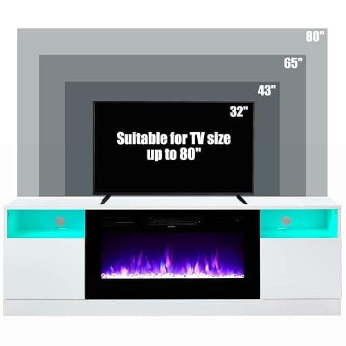 AMERLIFE TV Stand with Fireplace, LED Light Entertainment Center with 36" Electric Fireplace, 70" Modern Wood Entertainment Stand with Highlight Storage Cabinet for TVs up to 80", White & Black thumbnail 2