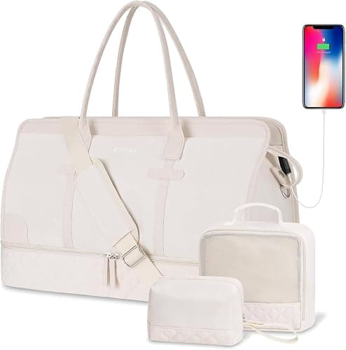 ETRONIK Weekender Overnight Bag for Women, Large Travel Duffle Bag with Shoe Compartment & Wet Pocket, Carry On Gym Duffel Bag with Toiletry Bag for Hospital 3 Pcs Set, Beige - Image 1