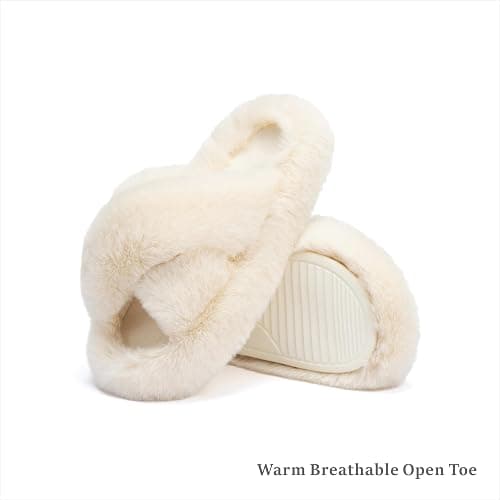 ROOM | Amazon | Chantomoo Women's Slippers Memory Foam House Bedroom Slippers for Women Fuzzy Plush Comfy Faux Fur Lined Slide Shoes Anti-Skid Sole Trendy Gift Slippers - 7-8 - Beige Cross thumbnail 5