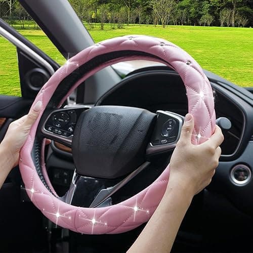YOGURTCK Cute Diamond Soft Light Pink Leather Anti-Slip Steering Wheel Cover with Bling Bling Crystal Rhinestones, Universal 15 Inch for Women Girls, Fit Vehicles, Sedans, SUVs, Vans, Trucks thumbnail 7