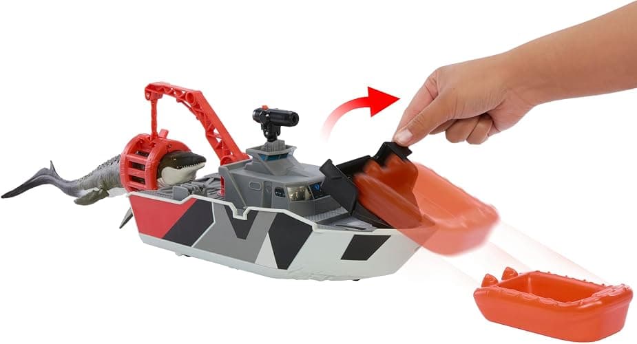 Mattel Matchbox Toy Car Playset, Jurassic World 12.5” Dino Boat with 13” Mosasaurus Dinosaur, 1:64 Die-Cast Jeep, Harpoon Missiles & Detachable Rescue Boat thumbnail 5