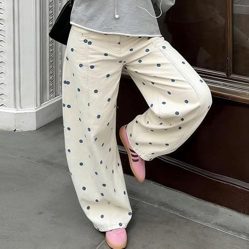 XBTCLXEBCO Polka Dot Jeans Women Y2K Print High Waisted Wide Leg Denim Pants Vintage Stretchy Boyfriend Jeans 90s Streetwear thumbnail 5