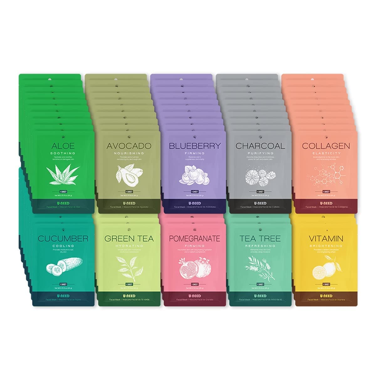 U-NEED 100 pcs Korean Face Sheet Mask (10 Types x 10 pcs) Natural Facial Mask Sheet | Tencel | Skin Care | Made in Korea | Moisturizing & Tightening | Skin Brightening and Pigment Balancing - Image 1