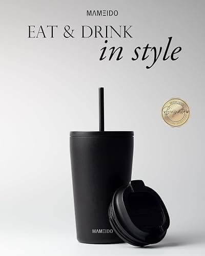 MAMEIDO Travel Mug 470ml & 700ml - Leakproof Tumbler with Straw & Lid, Stainless Steel Travel Mugs for Cold & Hot Drinks BPA-Free (Rich Black, 0,47l) thumbnail 2