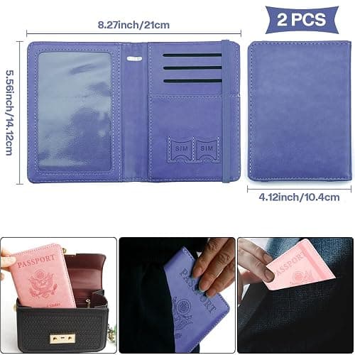 Passport Cover 2 Pack, Waterproof Leather Wallet - Dark Purple and Pink - Men, Women, Family Travel Essentials - Dark Purple+Pink thumbnail 3