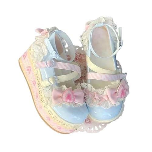 ZQW Women's Kawaii Cute Bow Strawberry Cake Lace Chunky Mary Jane Heels Round Toe Lolita Y2K Aesthetic Platform Wedge Shoes - Image 1