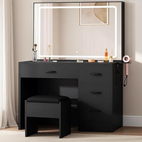 YITAHOME Makeup Vanity Set with LED Mirror & 3 Lighting Modes, 4-Drawer Vanity Table with Charging Station and Cushioned Stool for Dressing Room, Black - Image 1